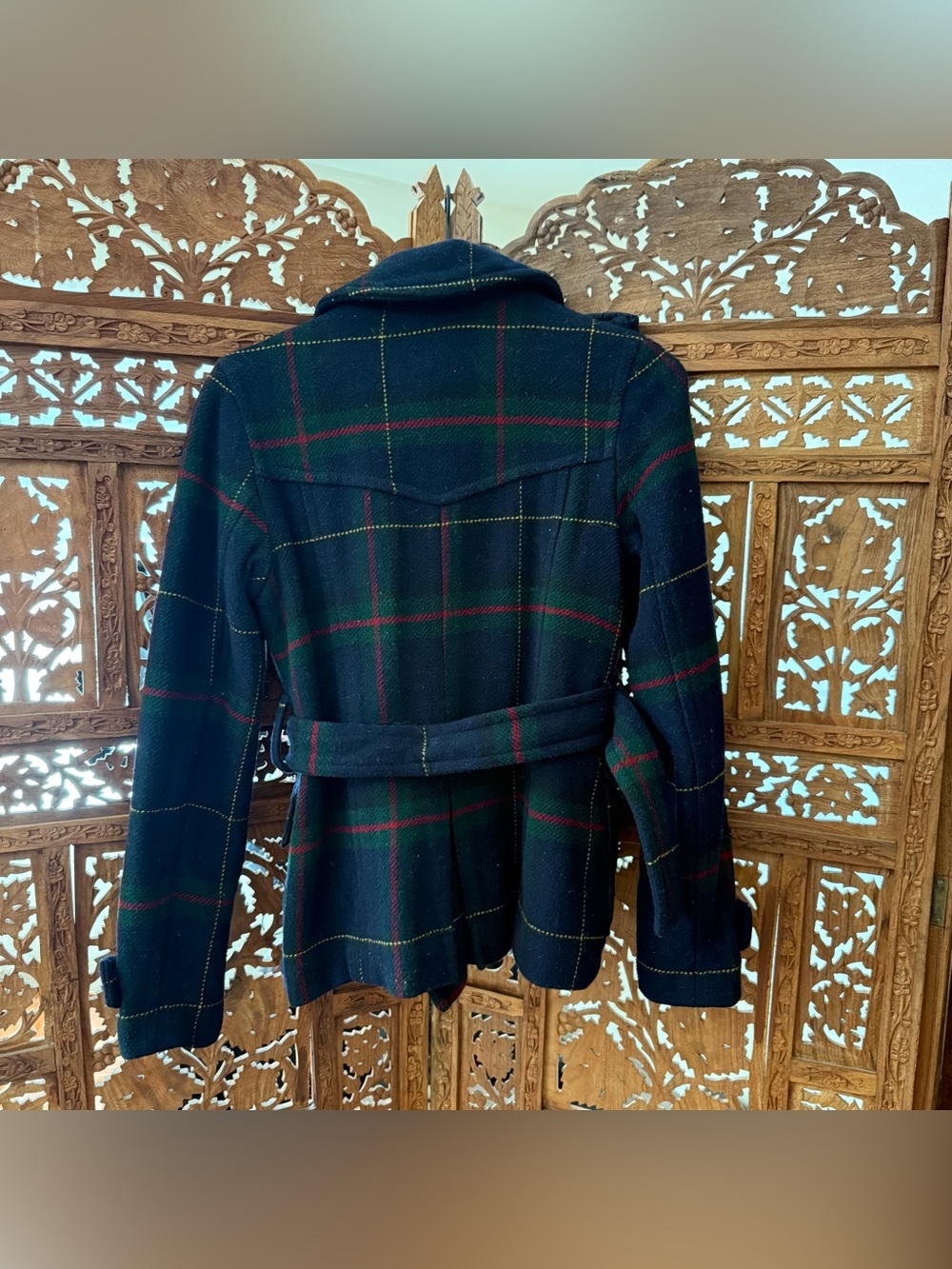 American Eagle Y2K Plaid Belted Wool Peacoat. Navy Green Red - Picture 9 of 9